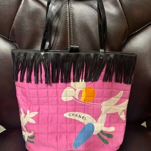 CHANEL vintage Pink Quilted Tote with Black Fringe and Colorful Accents